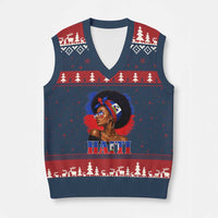 Haitian Queen Afro Melanin Graphic V-Neck Knit Sweater Vest Haiti Flag Heritage Pride