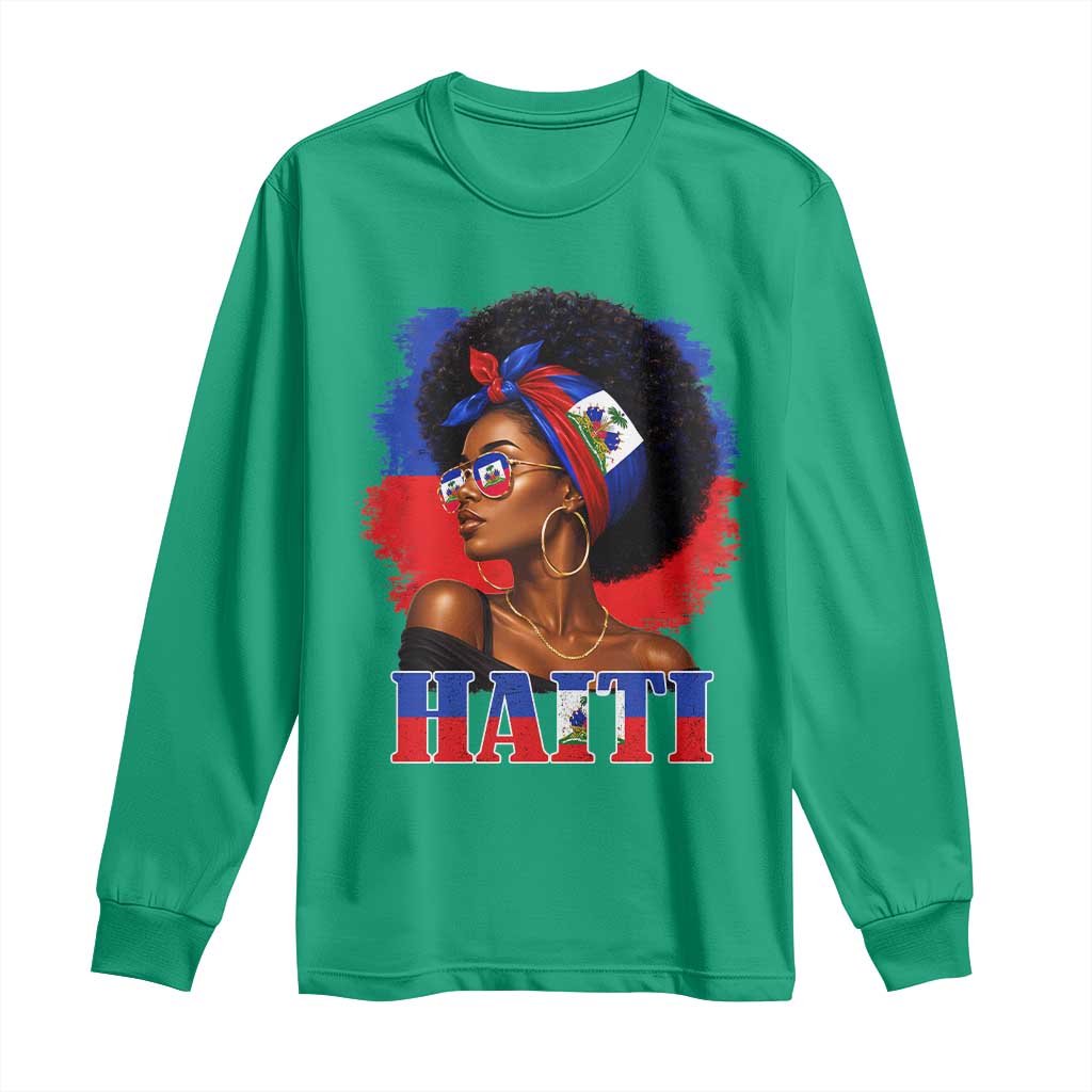 Haitian Queen Afro Melanin Graphic Long Sleeve Shirt Haiti Flag Heritage Pride