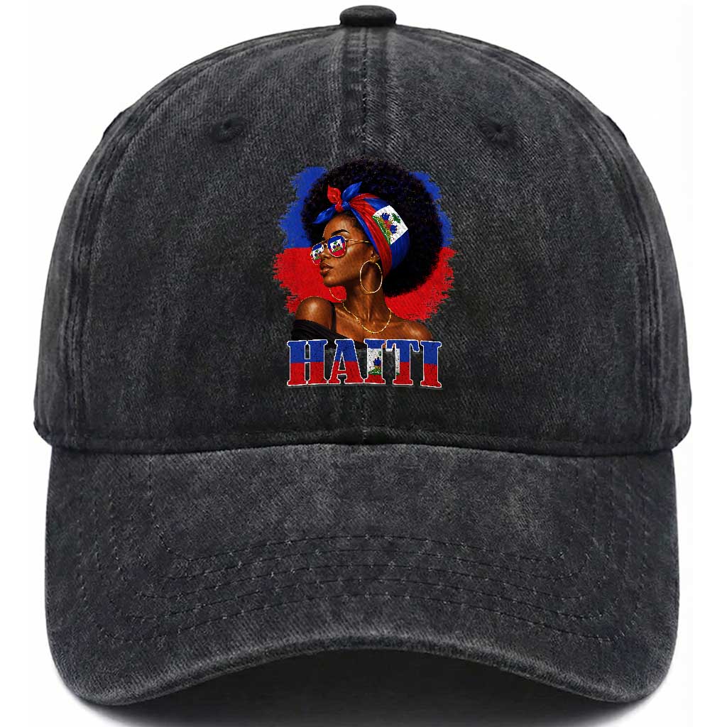 Haitian Queen Afro Melanin Graphic Washed Cotton Baseball Cap Haiti Flag Heritage Pride