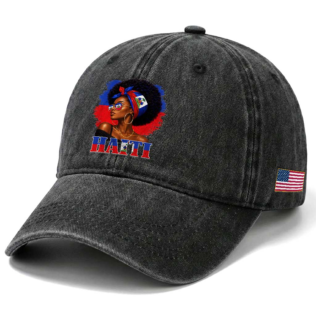 Haitian Queen Afro Melanin Graphic Washed Cotton Baseball Cap Haiti Flag Heritage Pride