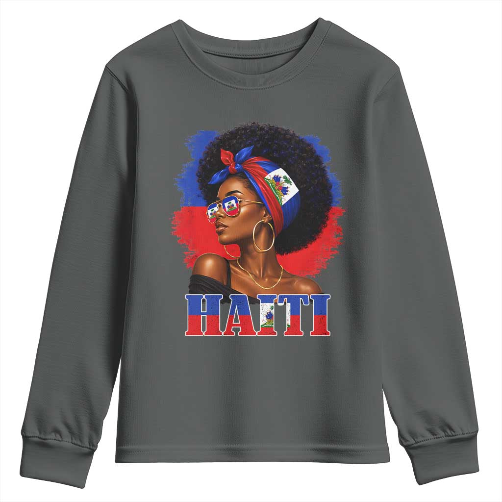 Haitian Queen Afro Melanin Graphic Youth Sweatshirt Haiti Flag Heritage Pride