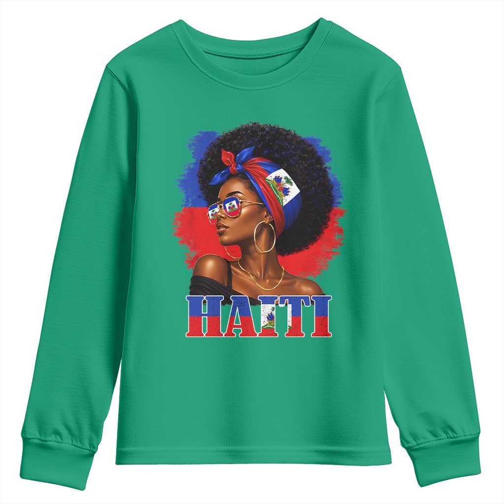 Haitian Queen Afro Melanin Graphic Youth Sweatshirt Haiti Flag Heritage Pride