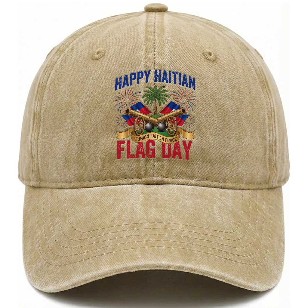 Happy Haitian Flag Day Celebration Graphic Washed Cotton Baseball Cap May 18 National Pride Haiti Heritage