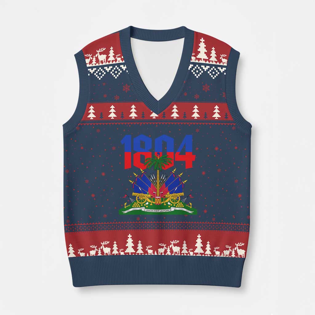 Haiti 1804 Independence Year Graphic V-Neck Knit Sweater Vest Haitian Pride Coat of Arms National Heritage