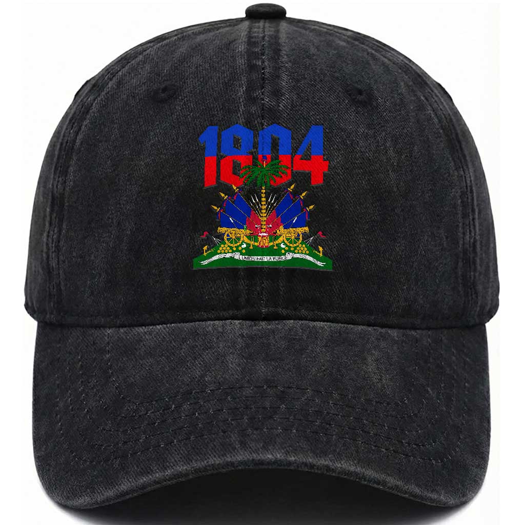 Haiti 1804 Independence Year Graphic Washed Cotton Baseball Cap Haitian Pride Coat of Arms National Heritage
