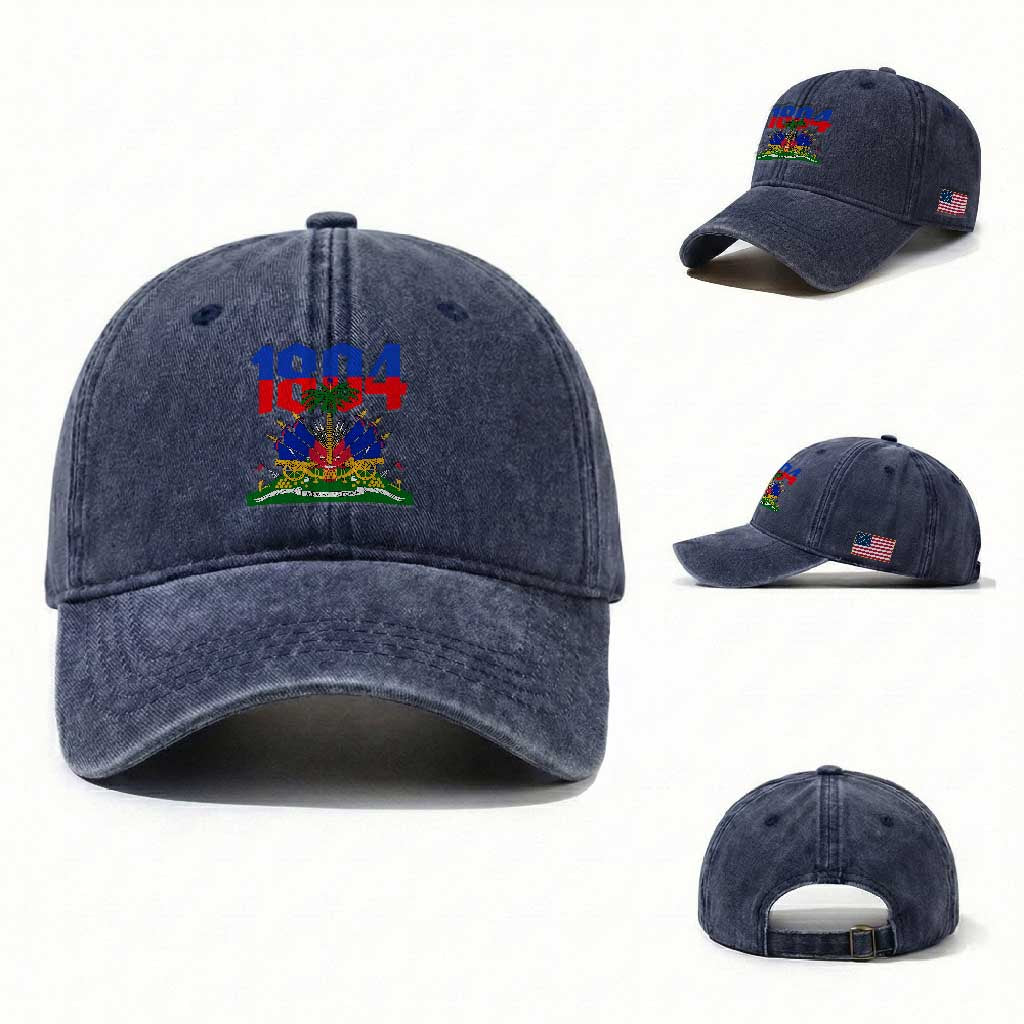 Haiti 1804 Independence Year Graphic Washed Cotton Baseball Cap Haitian Pride Coat of Arms National Heritage