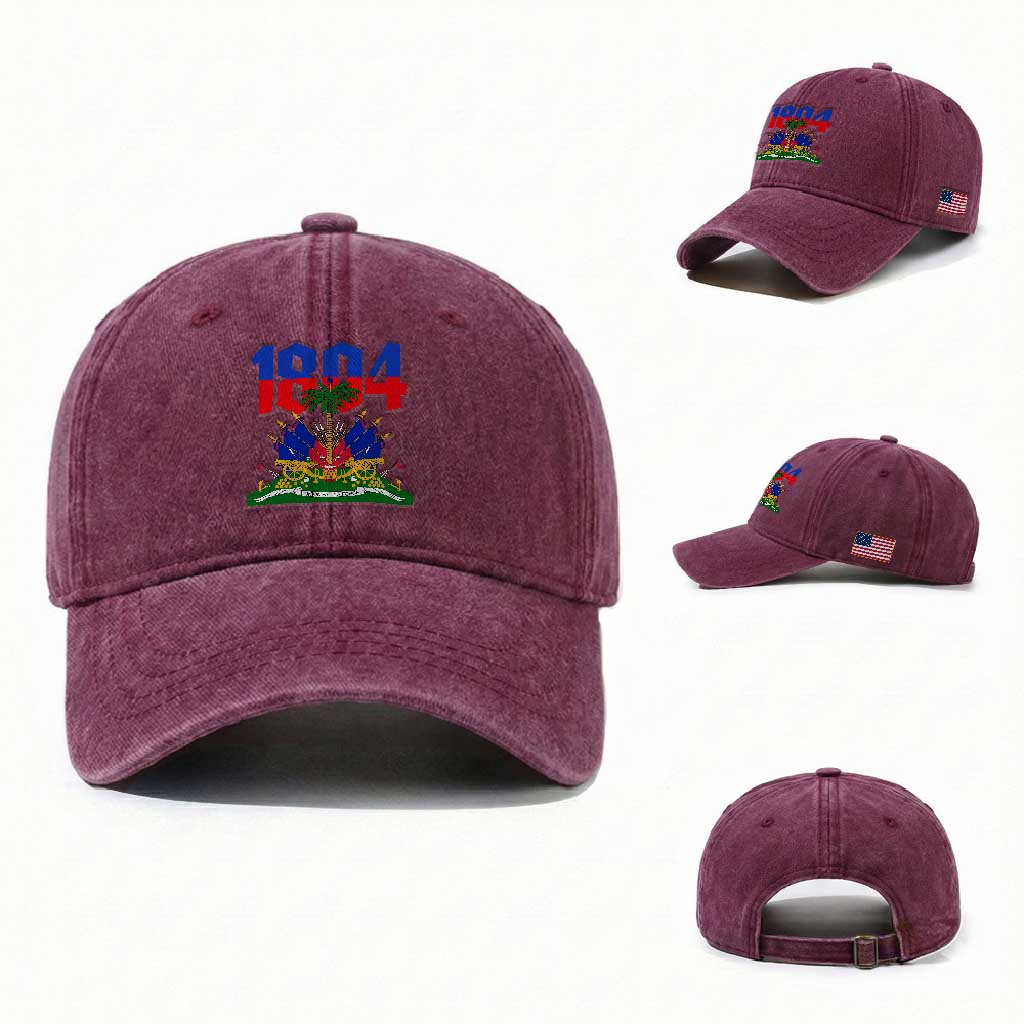 Haiti 1804 Independence Year Graphic Washed Cotton Baseball Cap Haitian Pride Coat of Arms National Heritage