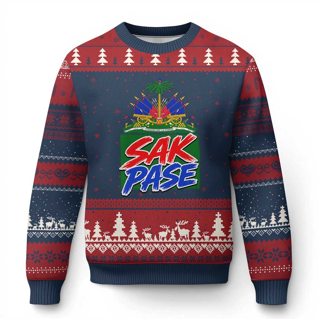 Sak Pase Haitian Creole Greeting Ugly Christmas Sweater National Crest Cultural Haiti Pride