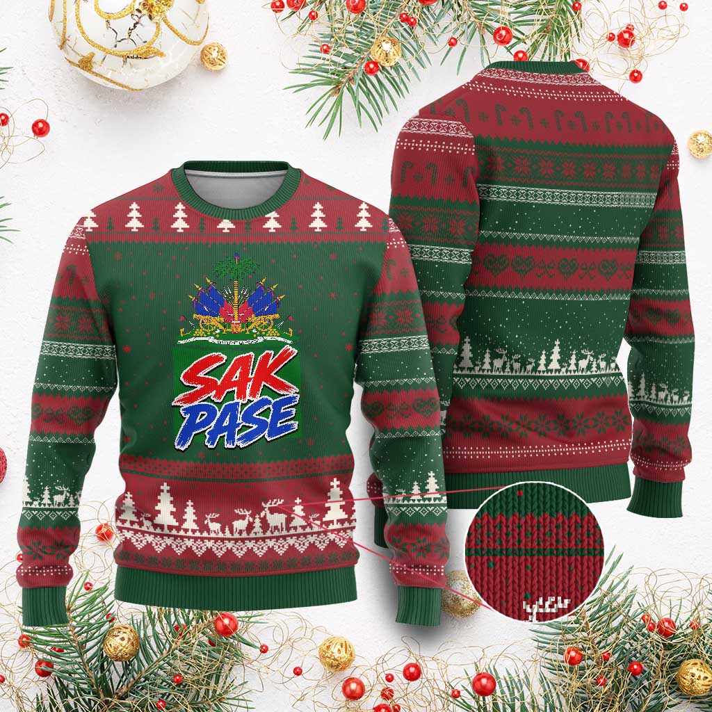 Sak Pase Haitian Creole Greeting Ugly Christmas Sweater National Crest Cultural Haiti Pride