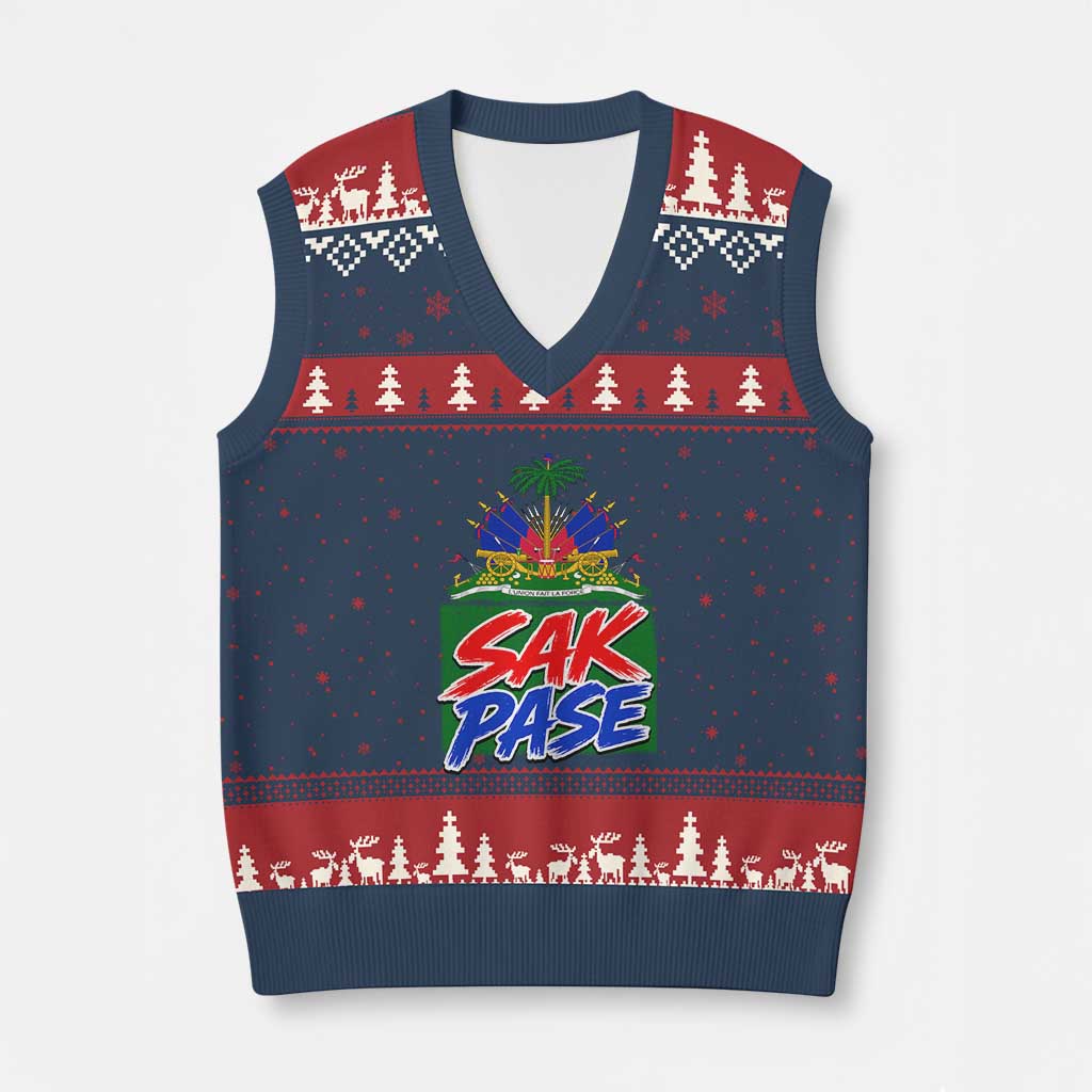 Sak Pase Haitian Creole Greeting V-Neck Knit Sweater Vest National Crest Cultural Haiti Pride