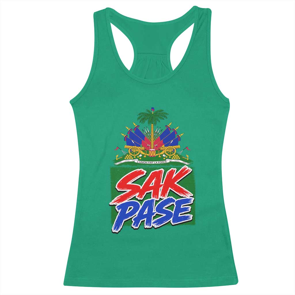 Sak Pase Haitian Creole Greeting Racerback Tank Top National Crest Cultural Haiti Pride