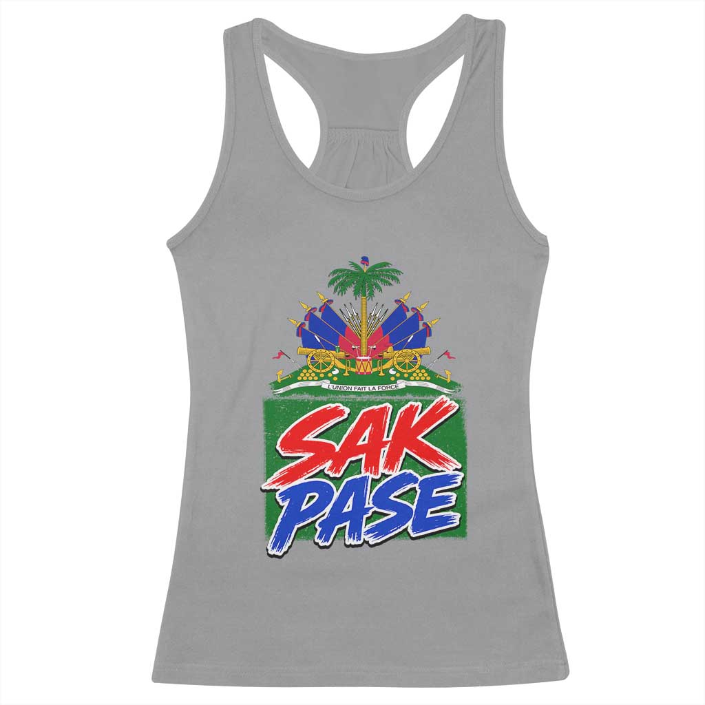 Sak Pase Haitian Creole Greeting Racerback Tank Top National Crest Cultural Haiti Pride