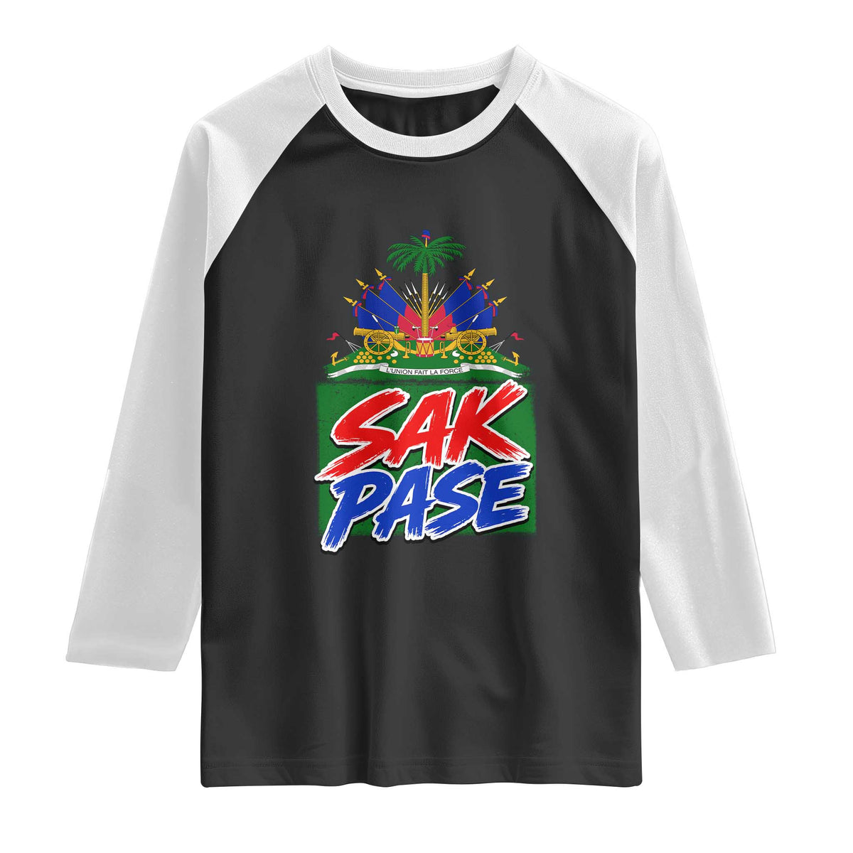 Sak Pase Haitian Creole Greeting Raglan Shirt National Crest Cultural Haiti Pride