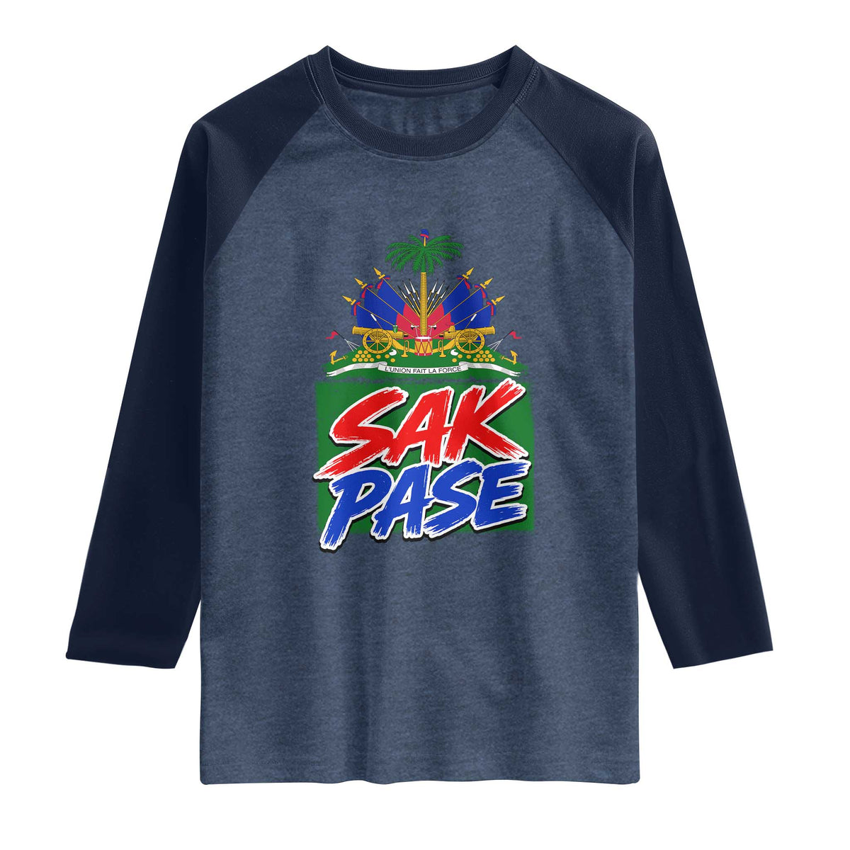 Sak Pase Haitian Creole Greeting Raglan Shirt National Crest Cultural Haiti Pride