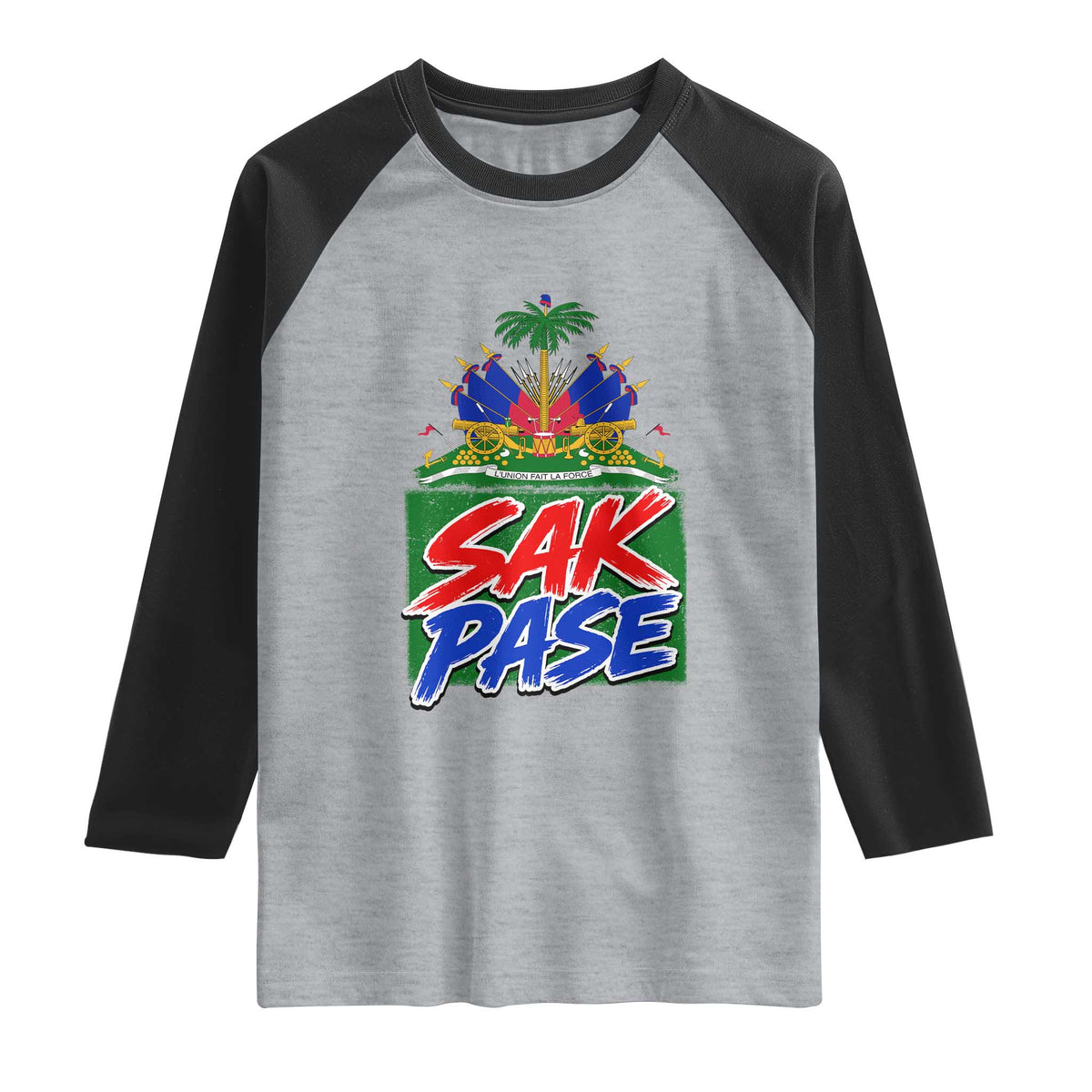 Sak Pase Haitian Creole Greeting Raglan Shirt National Crest Cultural Haiti Pride
