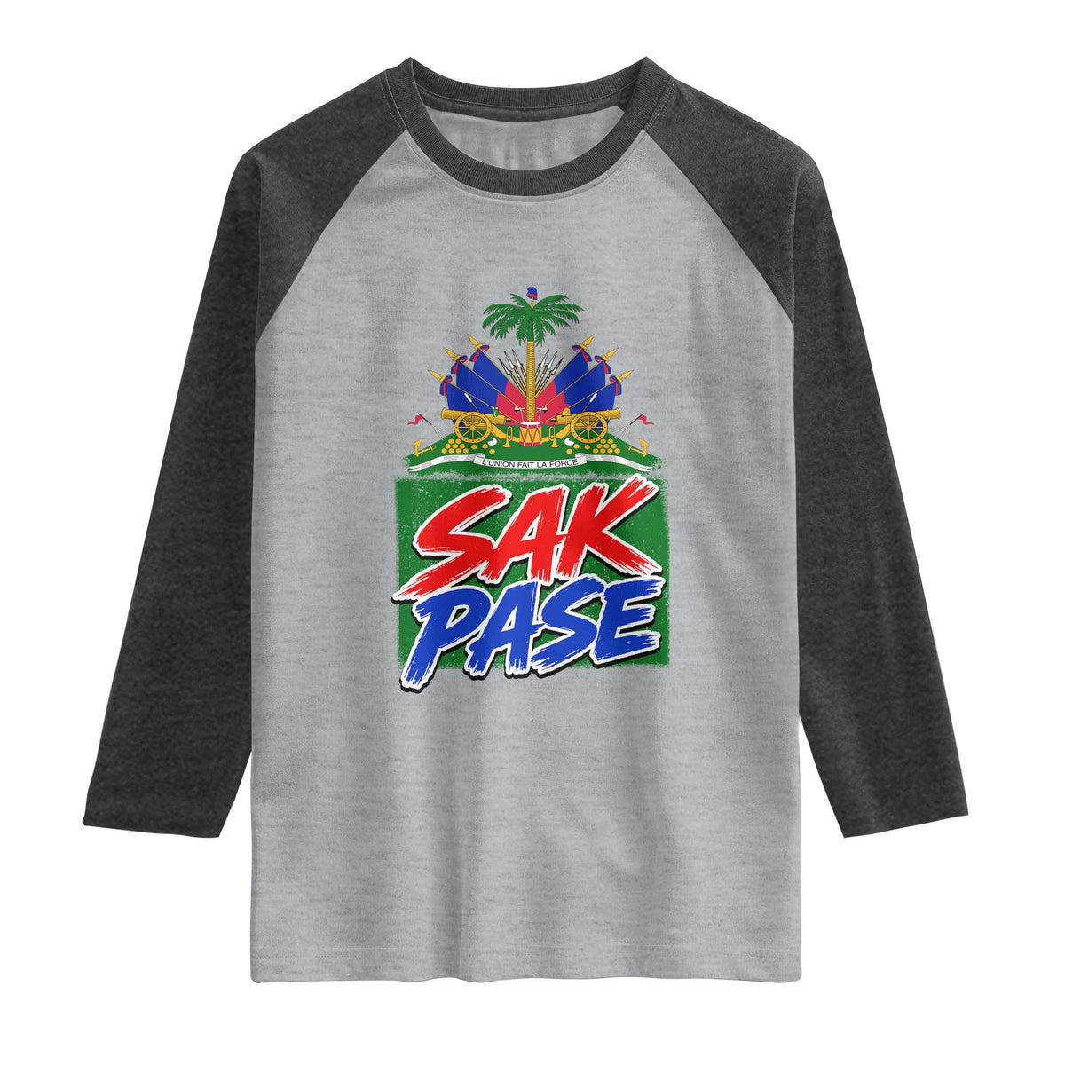 Sak Pase Haitian Creole Greeting Raglan Shirt National Crest Cultural Haiti Pride