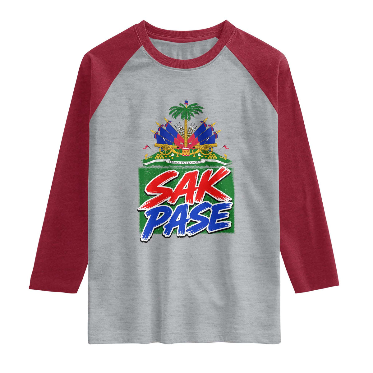 Sak Pase Haitian Creole Greeting Raglan Shirt National Crest Cultural Haiti Pride
