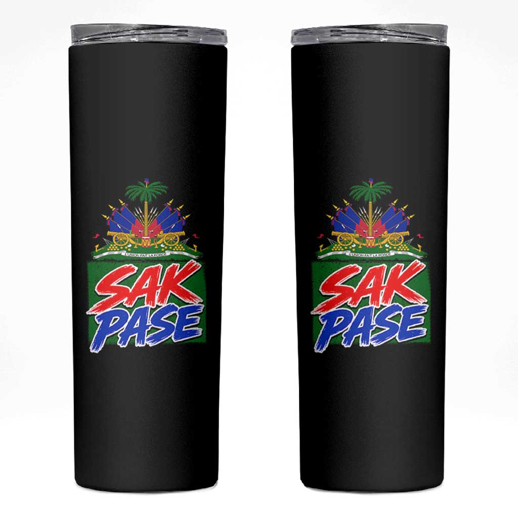 Sak Pase Haitian Creole Greeting Skinny Tumbler National Crest Cultural Haiti Pride