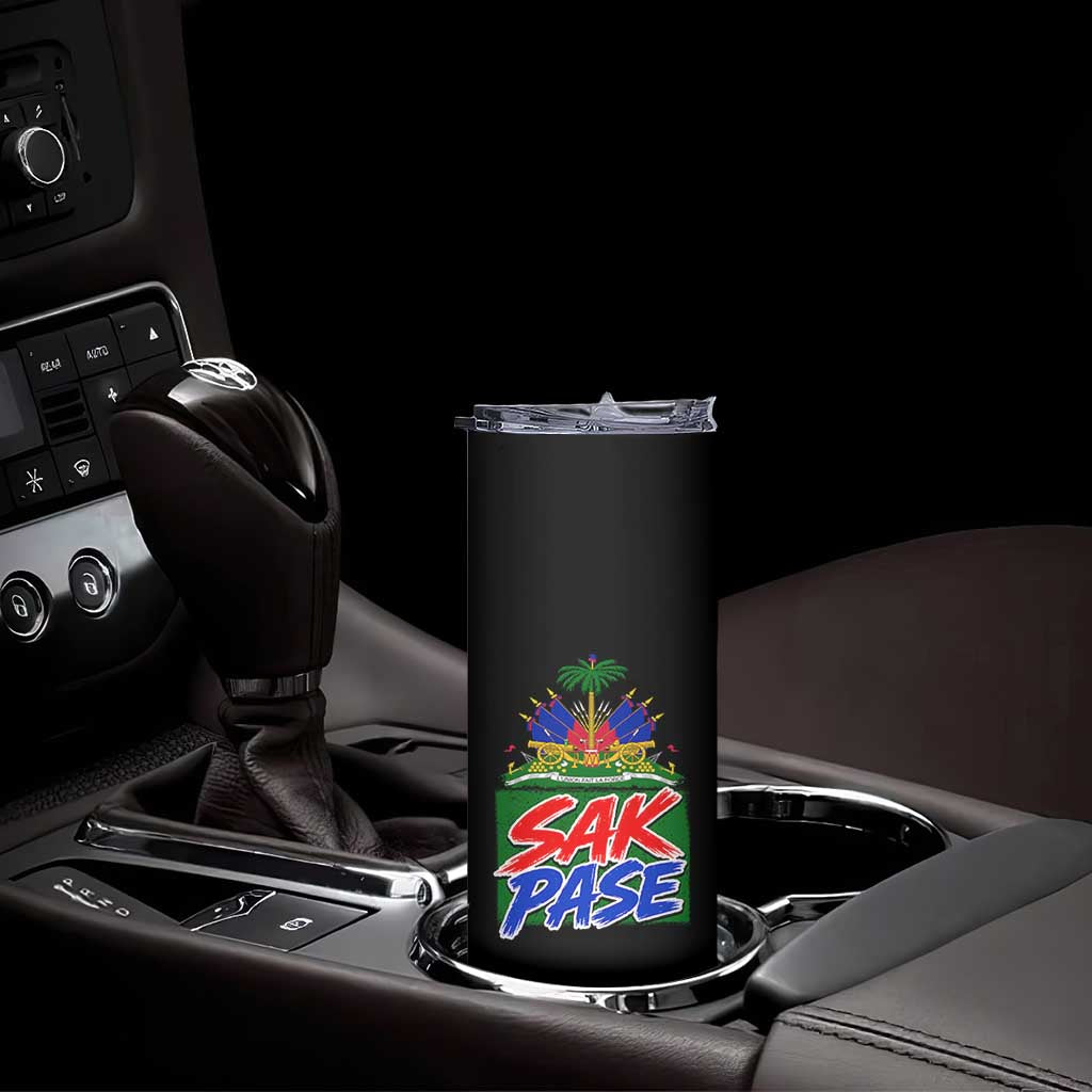 Sak Pase Haitian Creole Greeting Skinny Tumbler National Crest Cultural Haiti Pride
