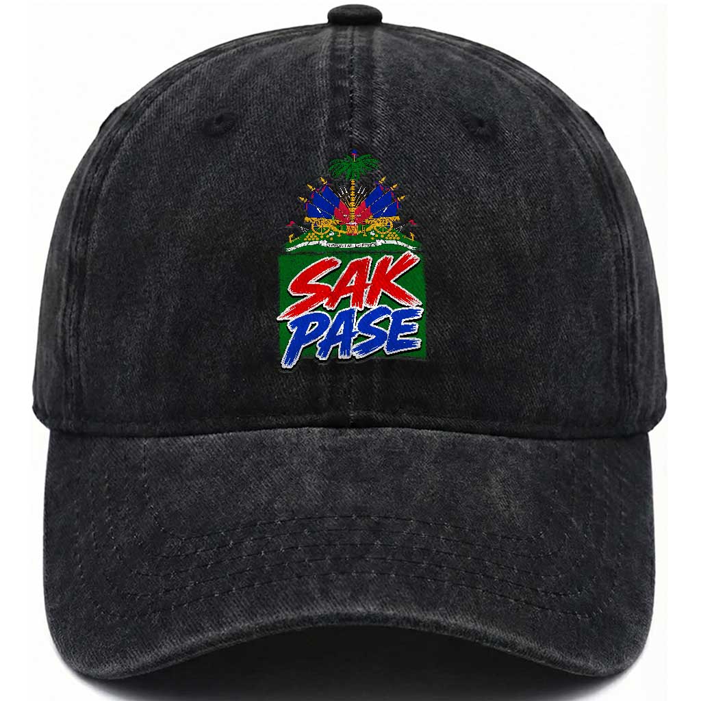 Sak Pase Haitian Creole Greeting Washed Cotton Baseball Cap National Crest Cultural Haiti Pride
