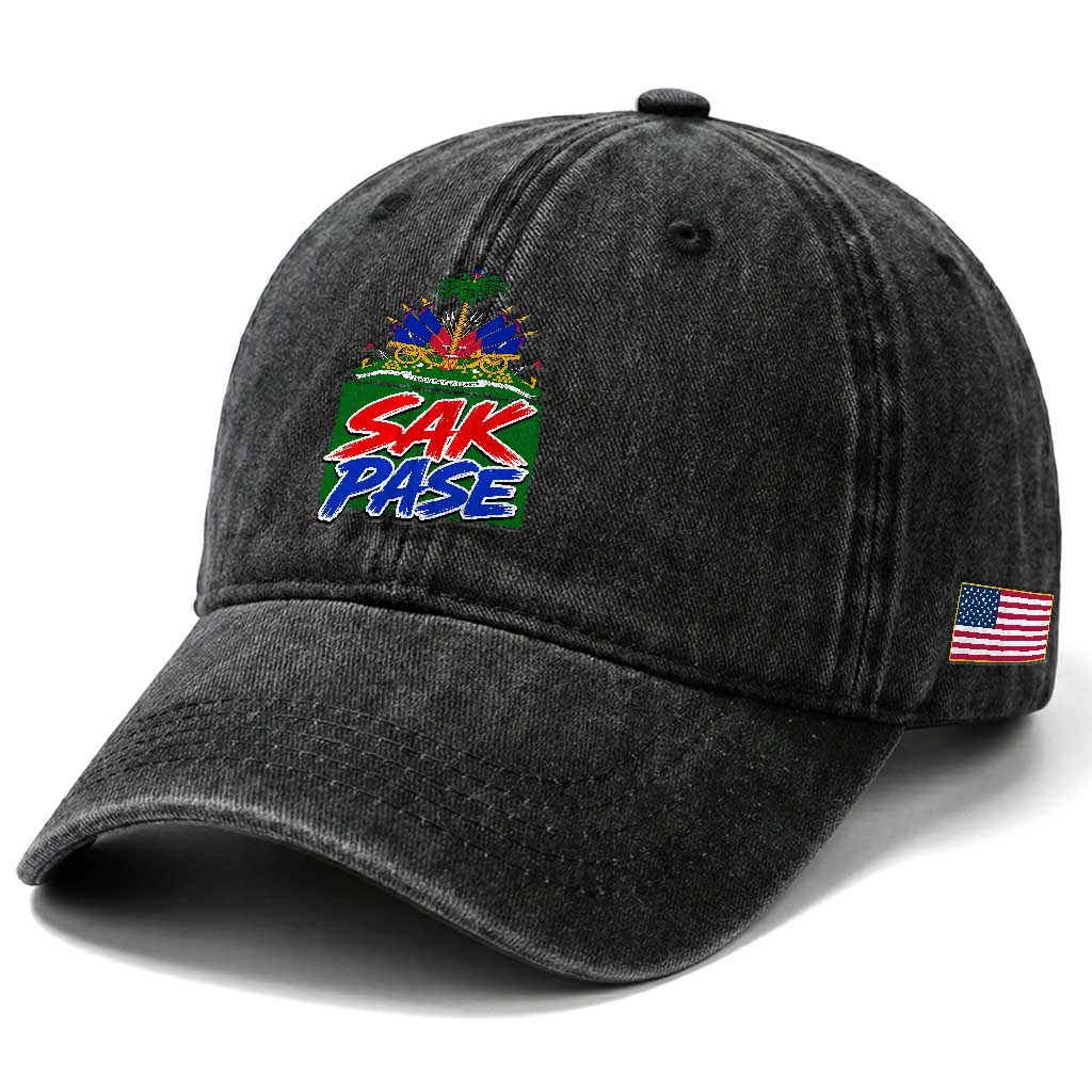Sak Pase Haitian Creole Greeting Washed Cotton Baseball Cap National Crest Cultural Haiti Pride