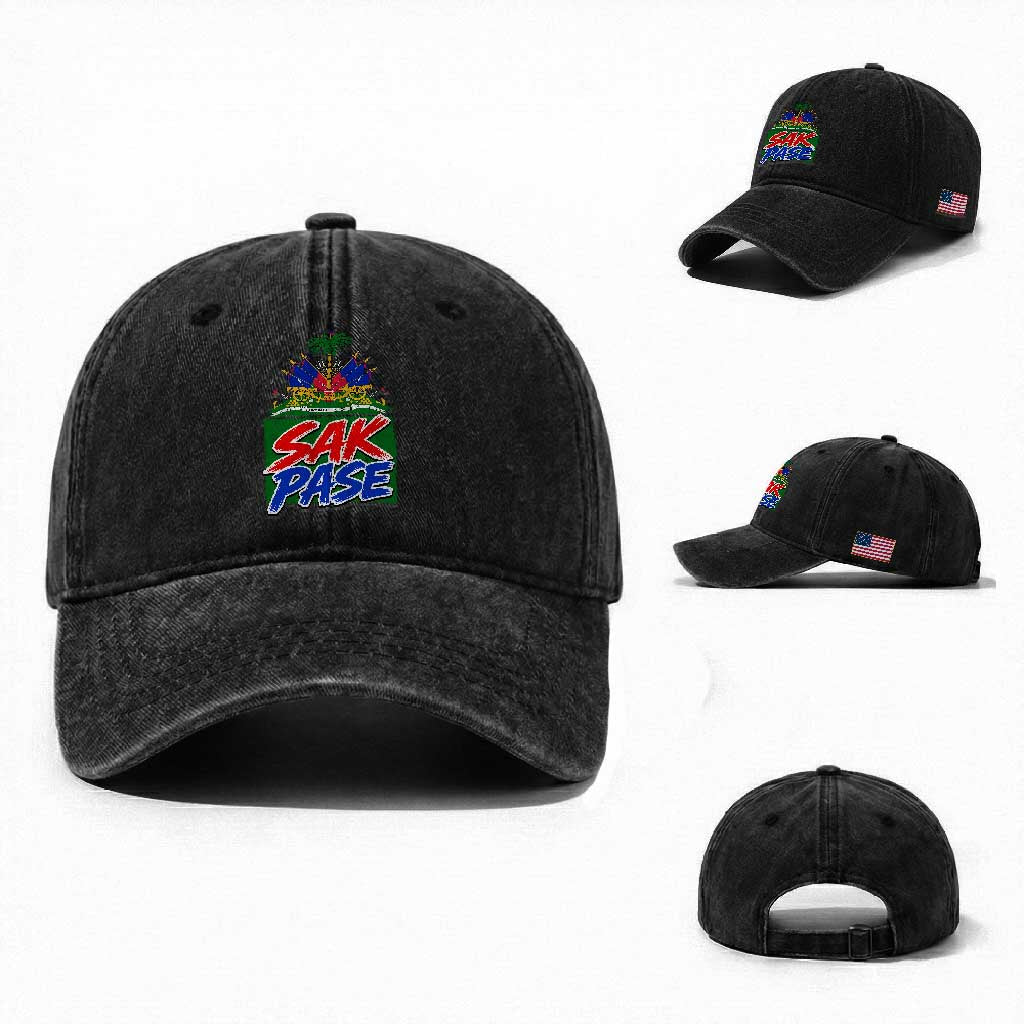 Sak Pase Haitian Creole Greeting Washed Cotton Baseball Cap National Crest Cultural Haiti Pride