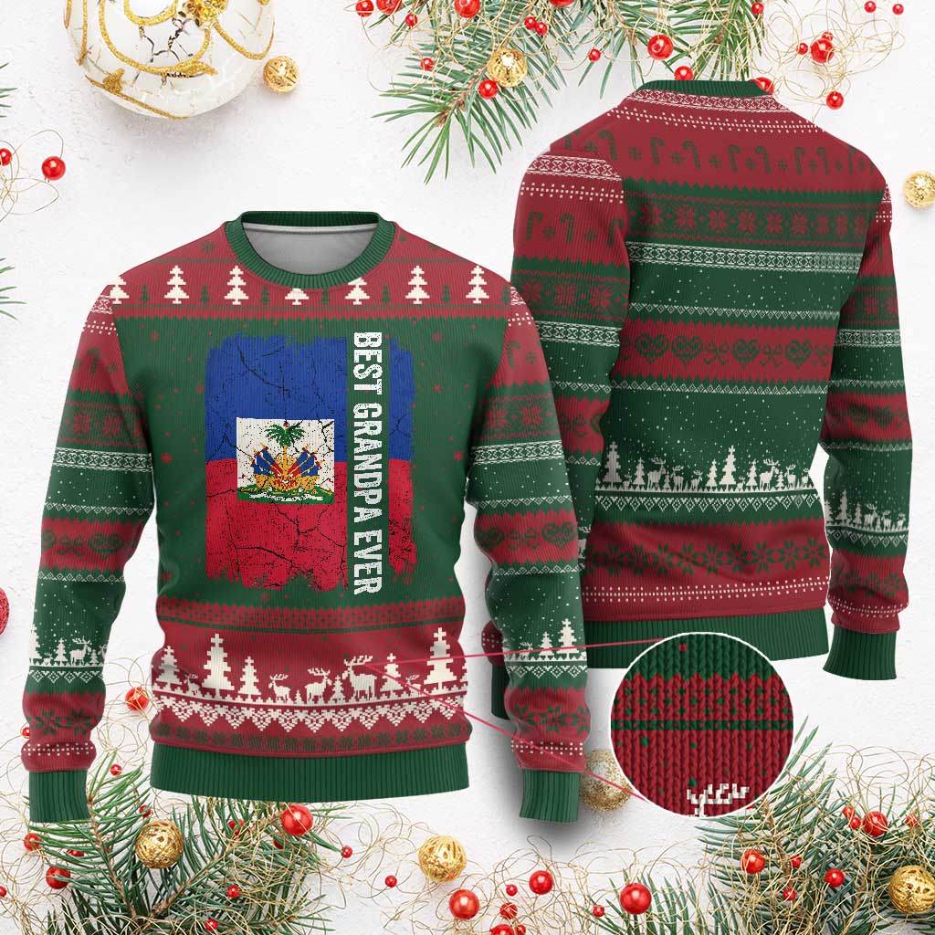 Best Grandpa Ever Haitian Granpapa Ugly Christmas Sweater Vintage Distressed Haiti Flag Father's Day