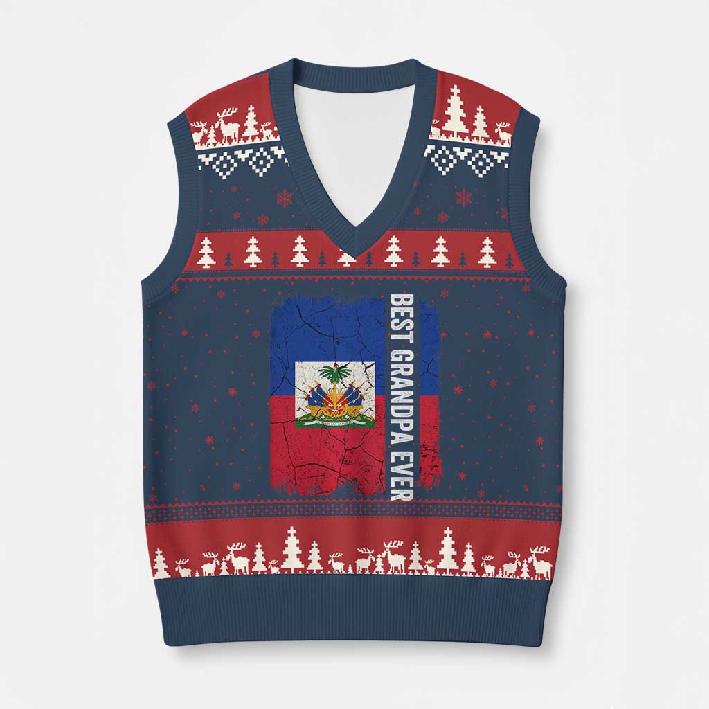 Best Grandpa Ever Haitian Granpapa V-Neck Knit Sweater Vest Vintage Distressed Haiti Flag Father's Day