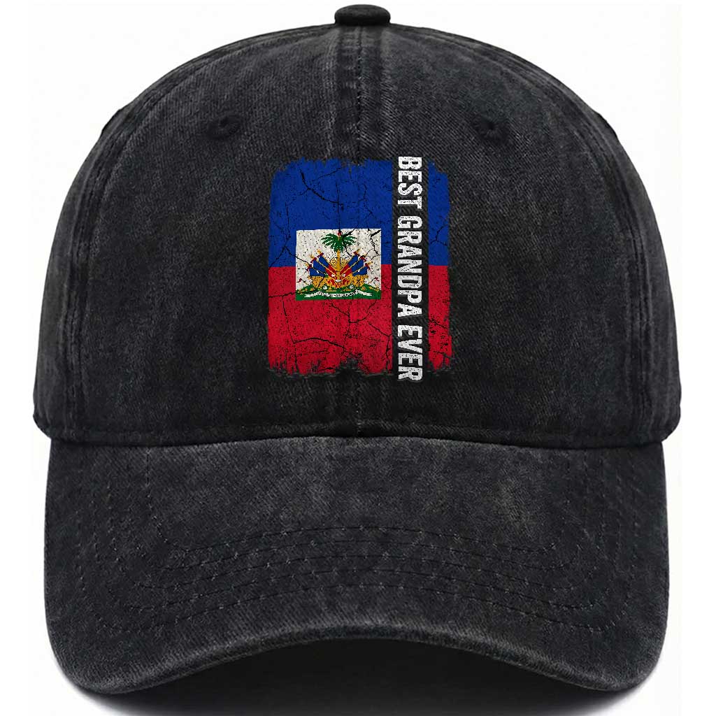 Best Grandpa Ever Haitian Granpapa Washed Cotton Baseball Cap Vintage Distressed Haiti Flag Father's Day