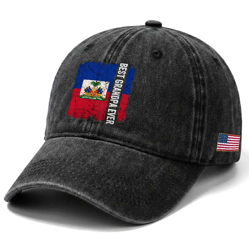 Best Grandpa Ever Haitian Granpapa Washed Cotton Baseball Cap Vintage Distressed Haiti Flag Father's Day