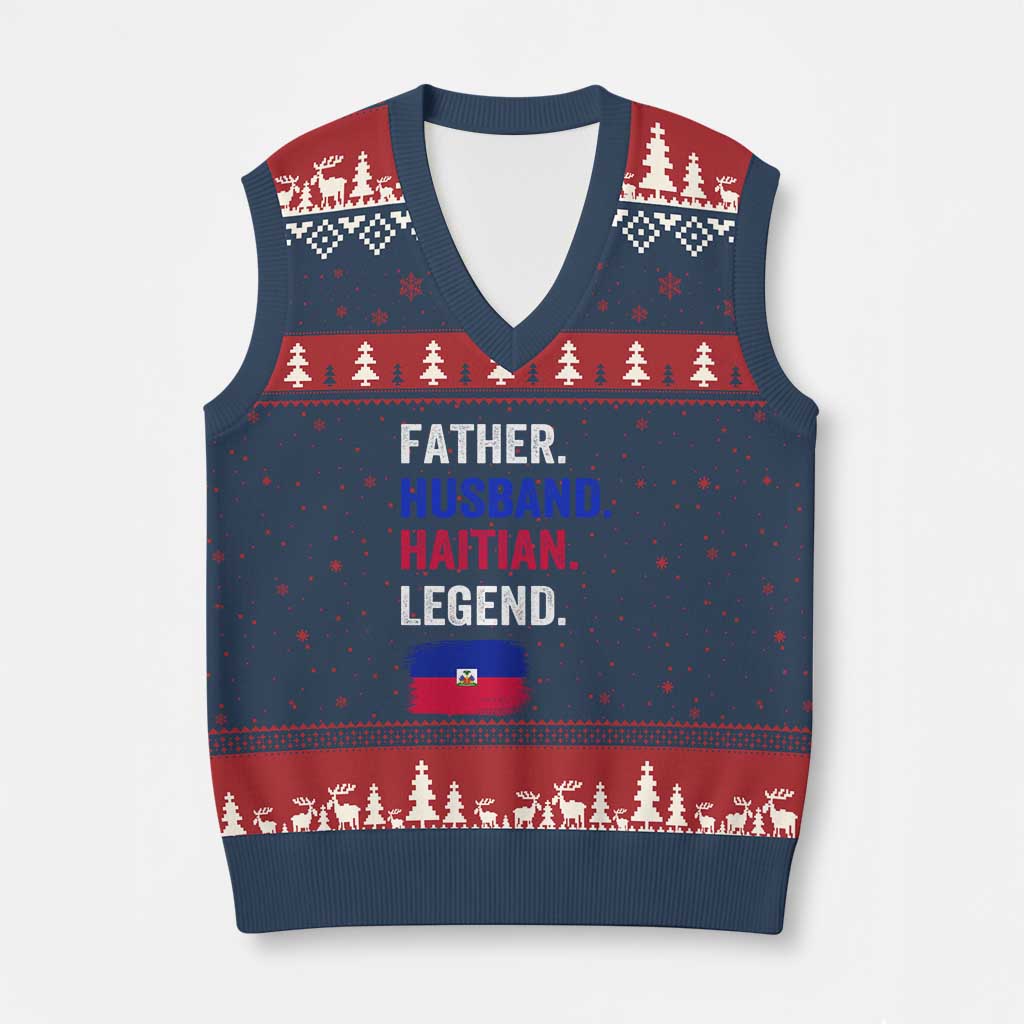 Father Husband Haitian Legend V-Neck Knit Sweater Vest Distressed Haiti Flag Dad Gift Father's Day