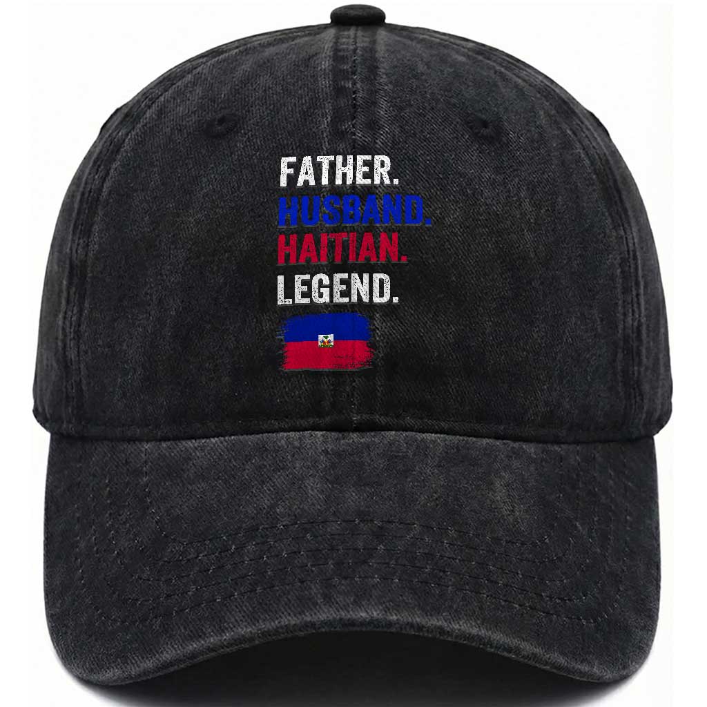 Father Husband Haitian Legend Washed Cotton Baseball Cap Distressed Haiti Flag Dad Gift Father's Day