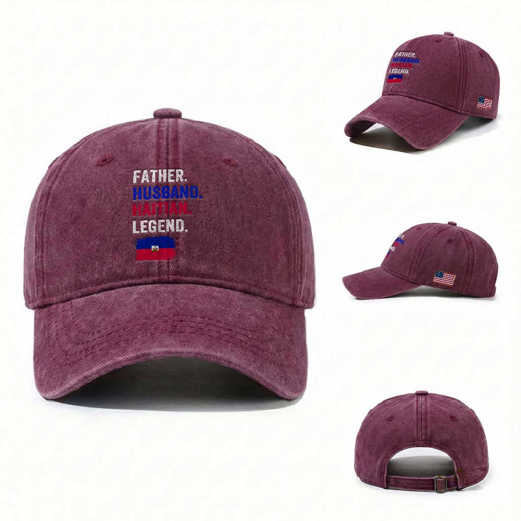 Father Husband Haitian Legend Washed Cotton Baseball Cap Distressed Haiti Flag Dad Gift Father's Day