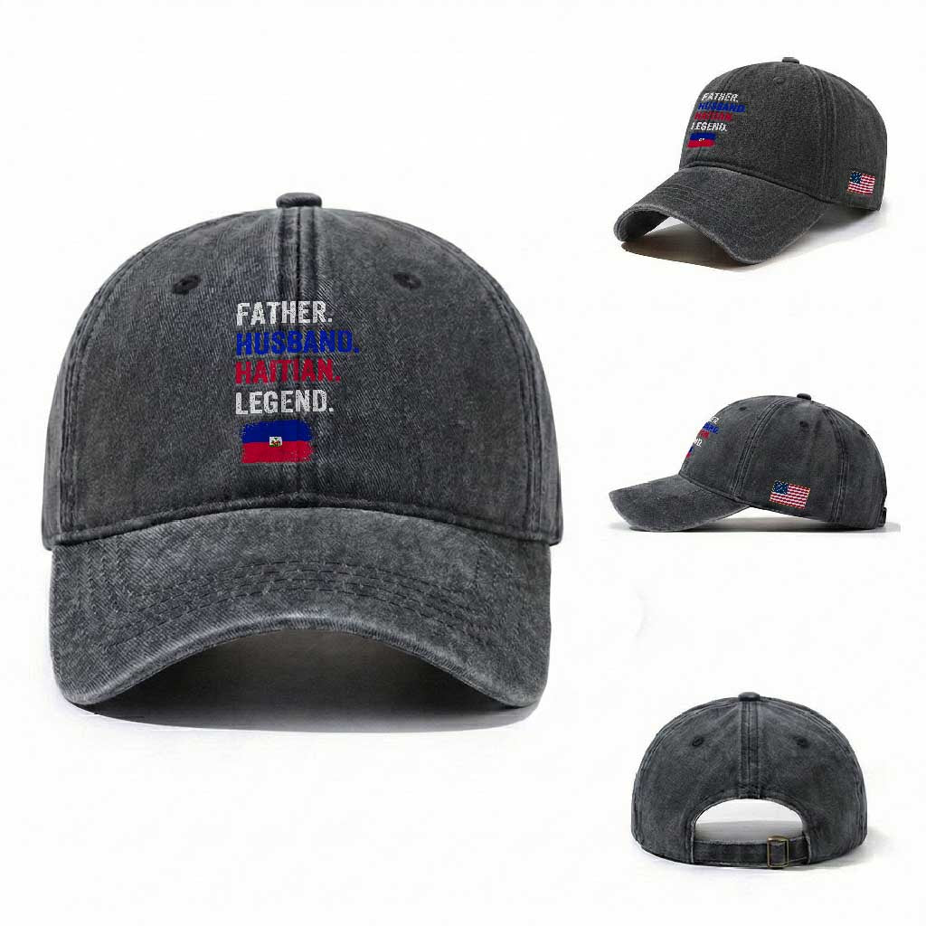 Father Husband Haitian Legend Washed Cotton Baseball Cap Distressed Haiti Flag Dad Gift Father's Day