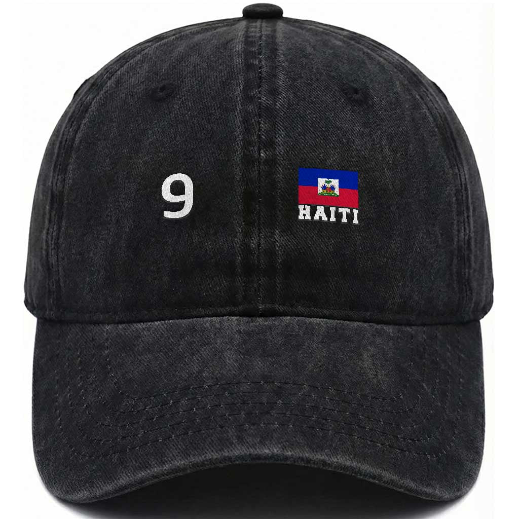 Haiti Soccer Jersey Style Number 9 Graphic Washed Cotton Baseball Cap Haitian Flag Football Sports Fan