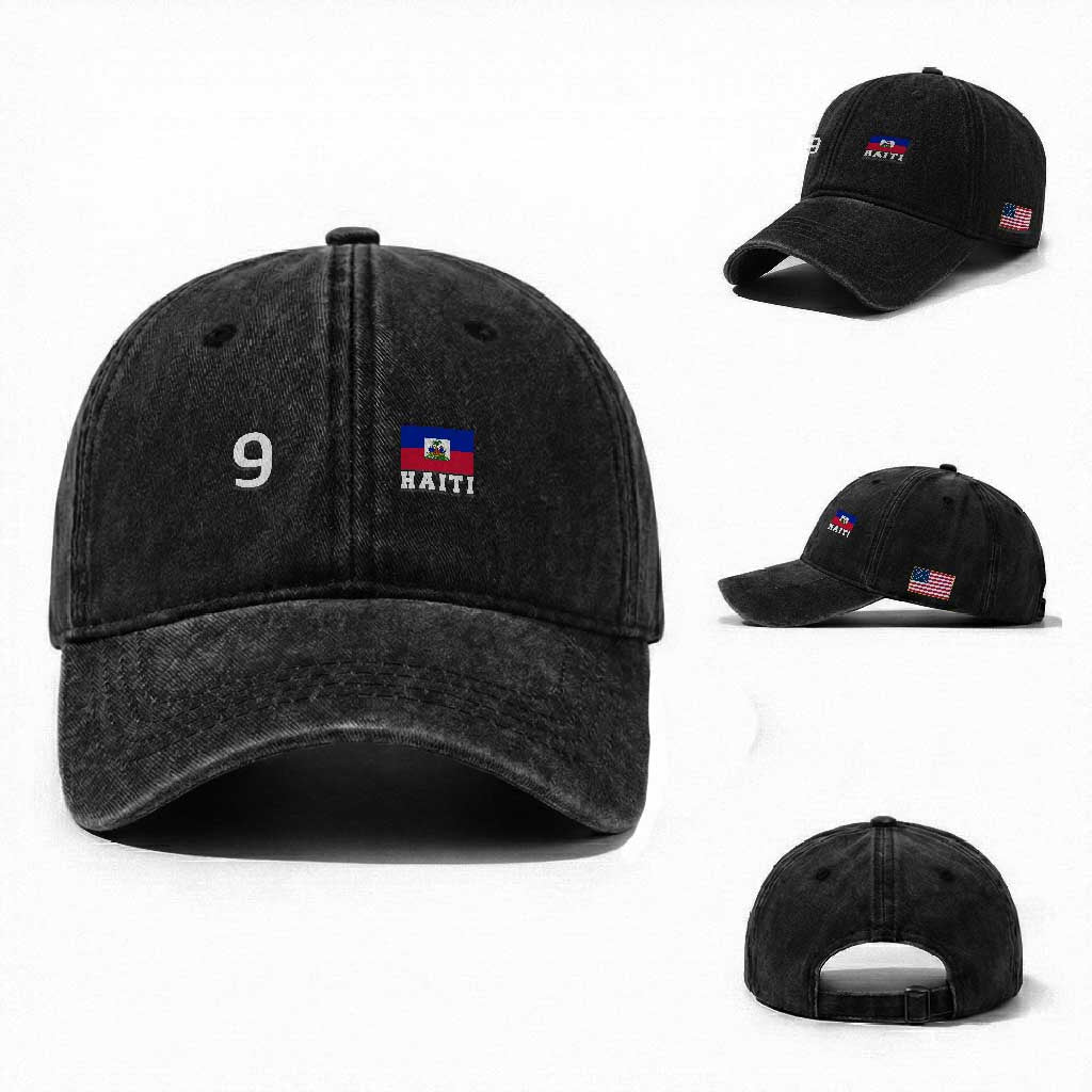 Haiti Soccer Jersey Style Number 9 Graphic Washed Cotton Baseball Cap Haitian Flag Football Sports Fan