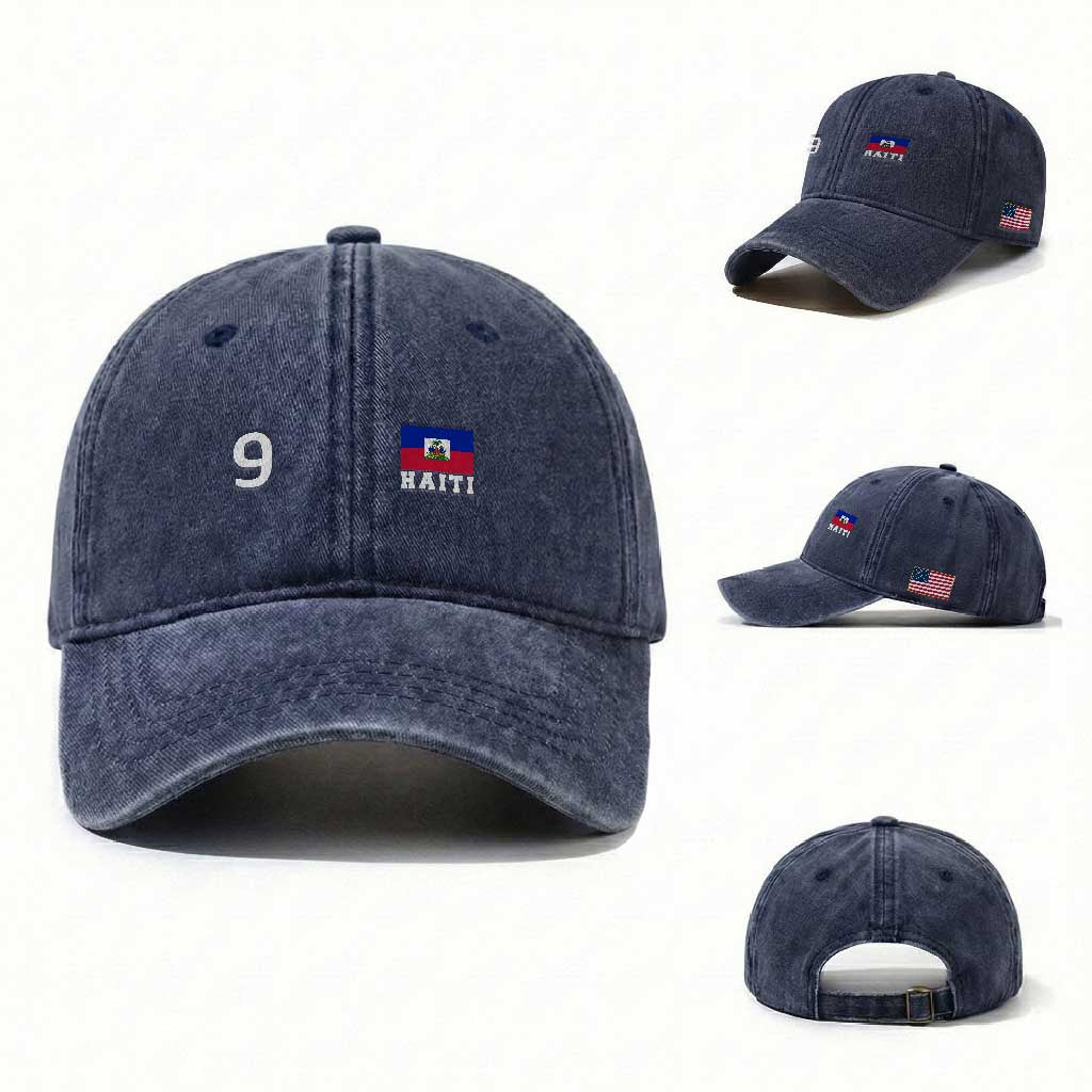 Haiti Soccer Jersey Style Number 9 Graphic Washed Cotton Baseball Cap Haitian Flag Football Sports Fan