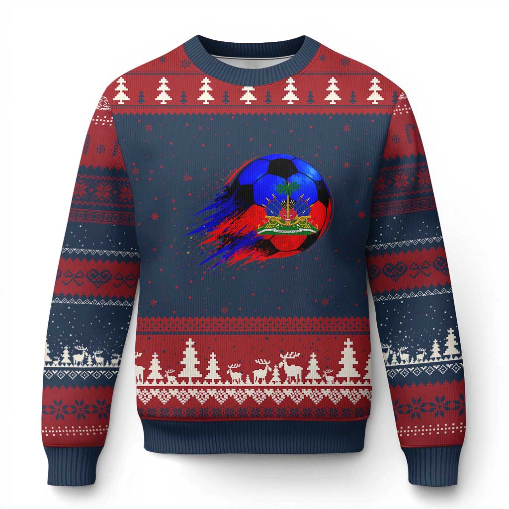 Haitian Flag Soccer Ball Splatter Graphic Ugly Christmas Sweater Haiti Football Sports Fan