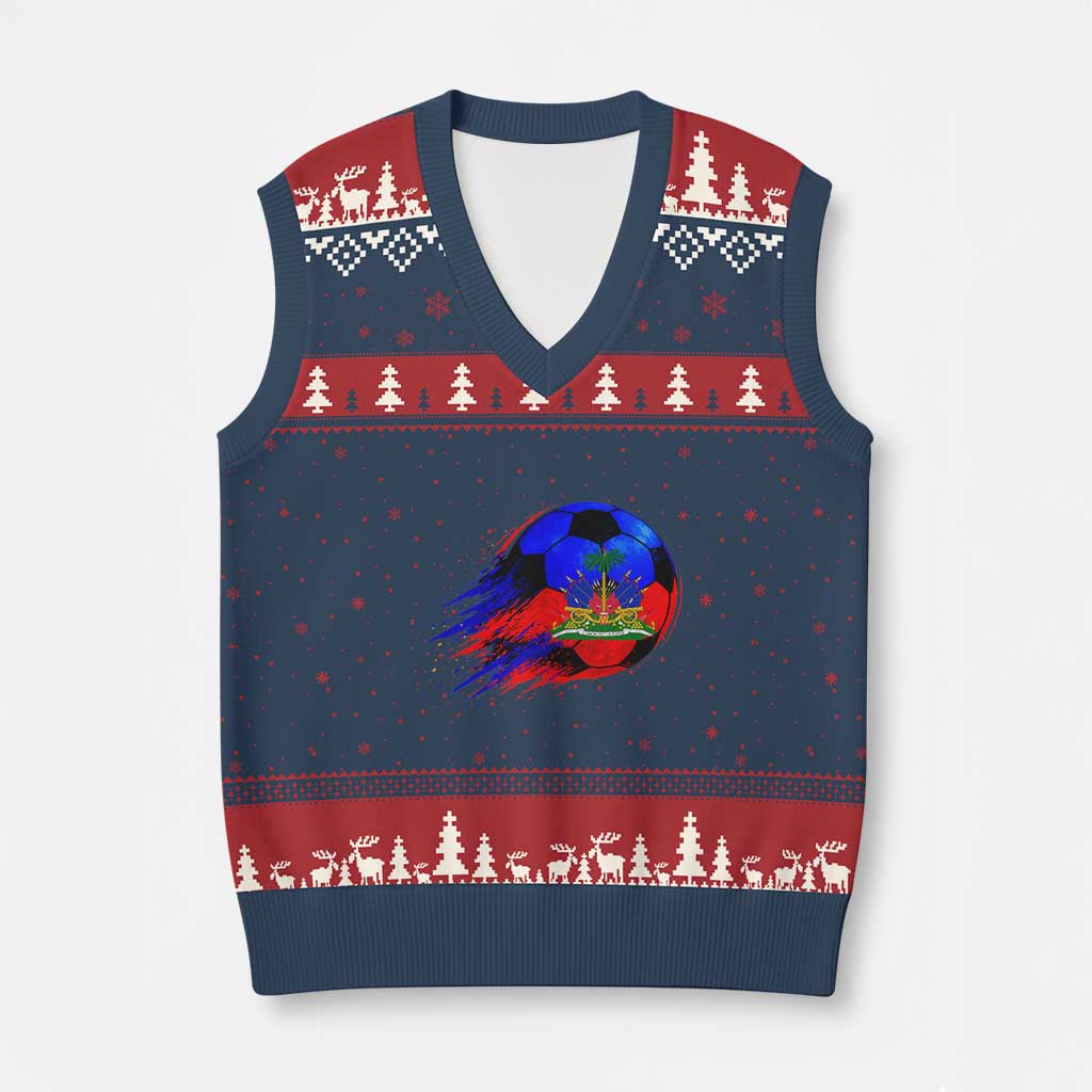 Haitian Flag Soccer Ball Splatter Graphic V-Neck Knit Sweater Vest Haiti Football Sports Fan