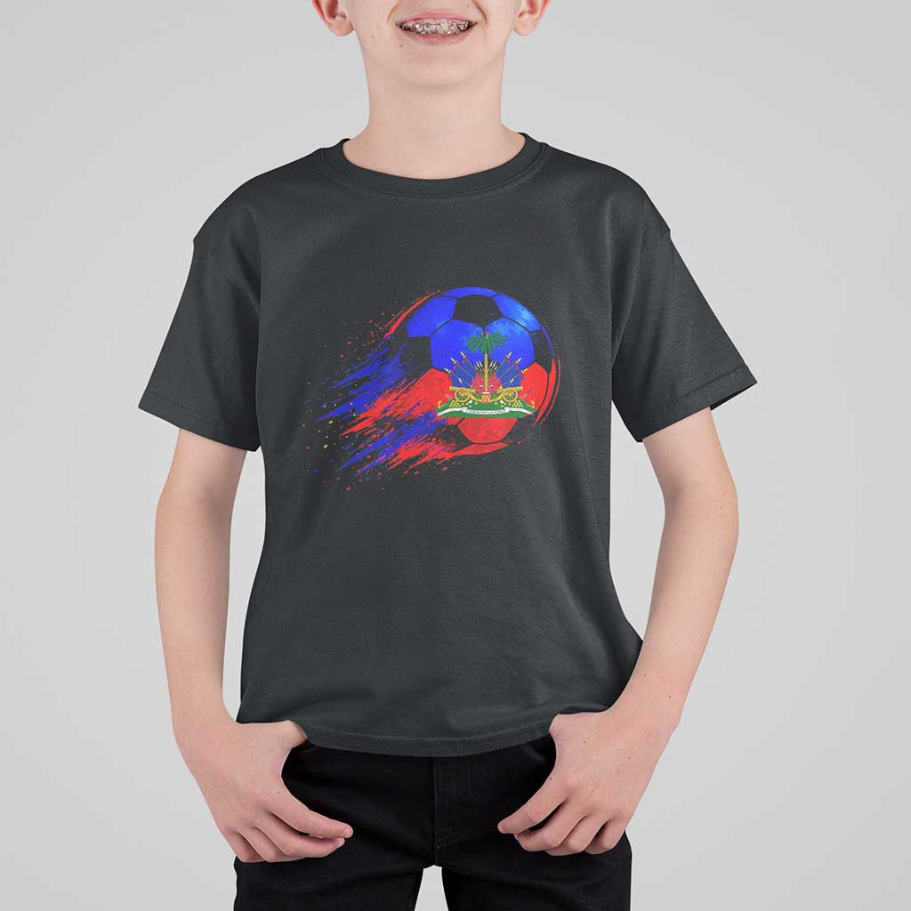 Haitian Flag Soccer Ball Splatter Graphic T Shirt For Kid Haiti Football Sports Fan