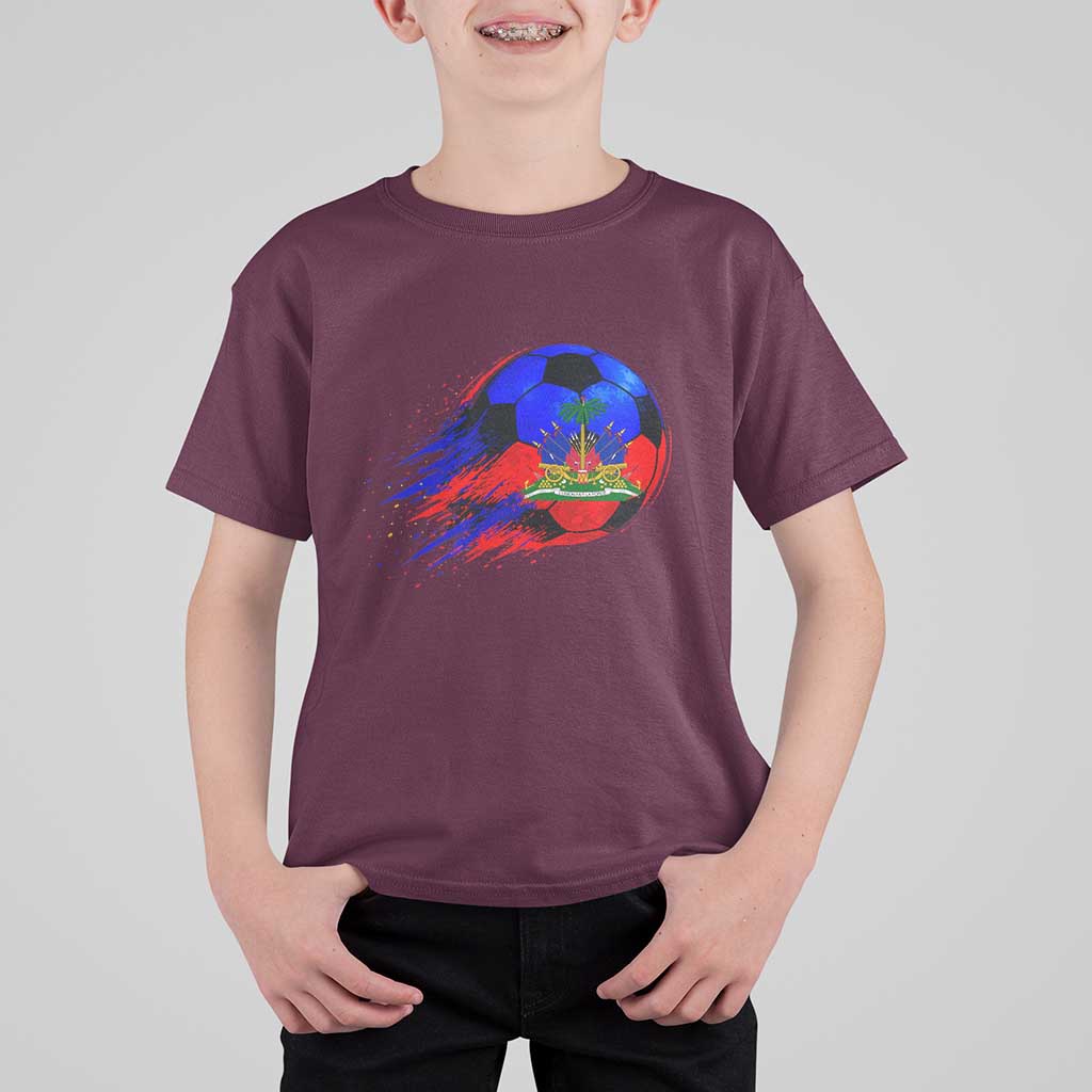Haitian Flag Soccer Ball Splatter Graphic T Shirt For Kid Haiti Football Sports Fan