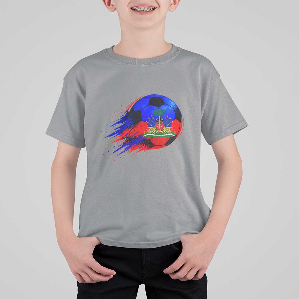 Haitian Flag Soccer Ball Splatter Graphic T Shirt For Kid Haiti Football Sports Fan
