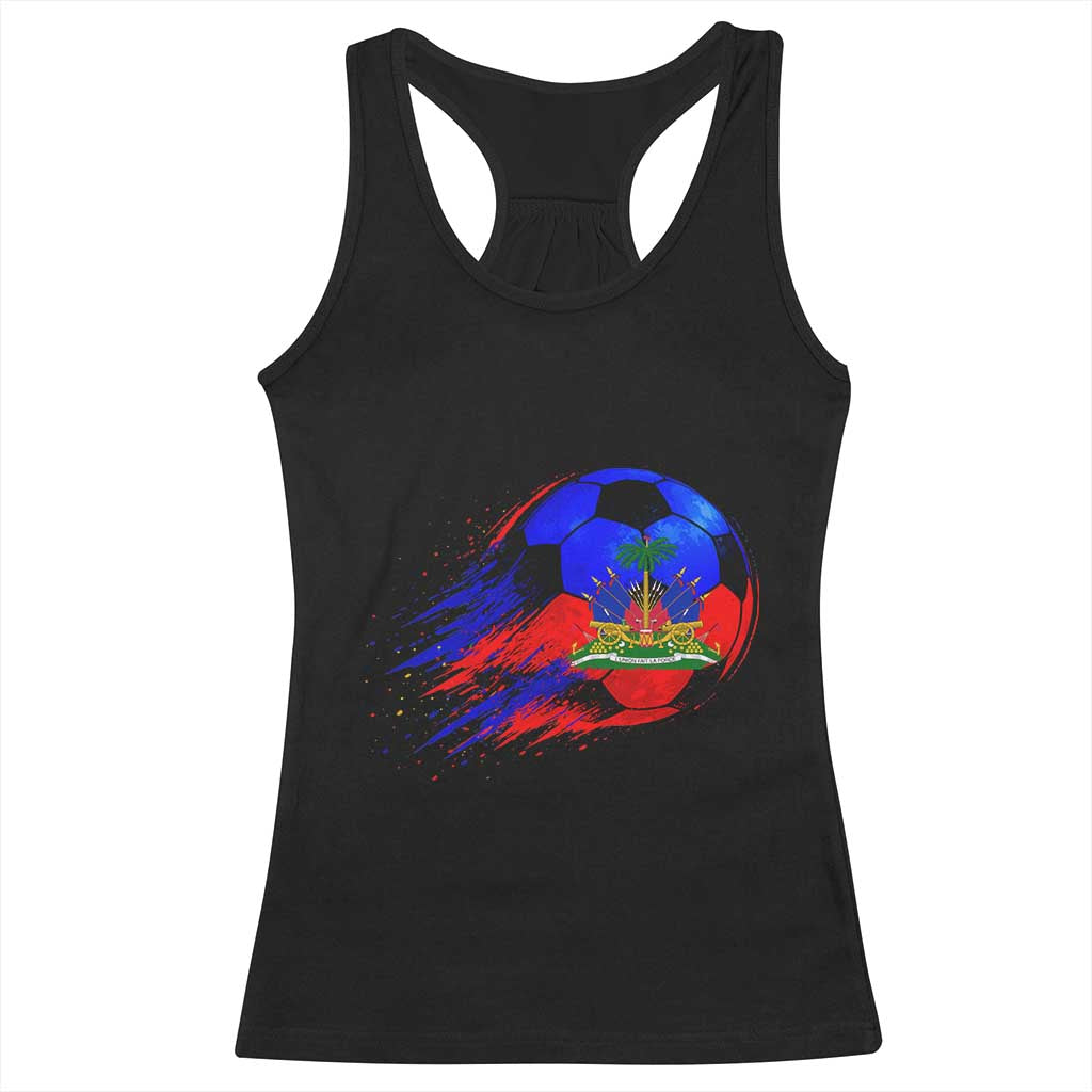 Haitian Flag Soccer Ball Splatter Graphic Racerback Tank Top Haiti Football Sports Fan
