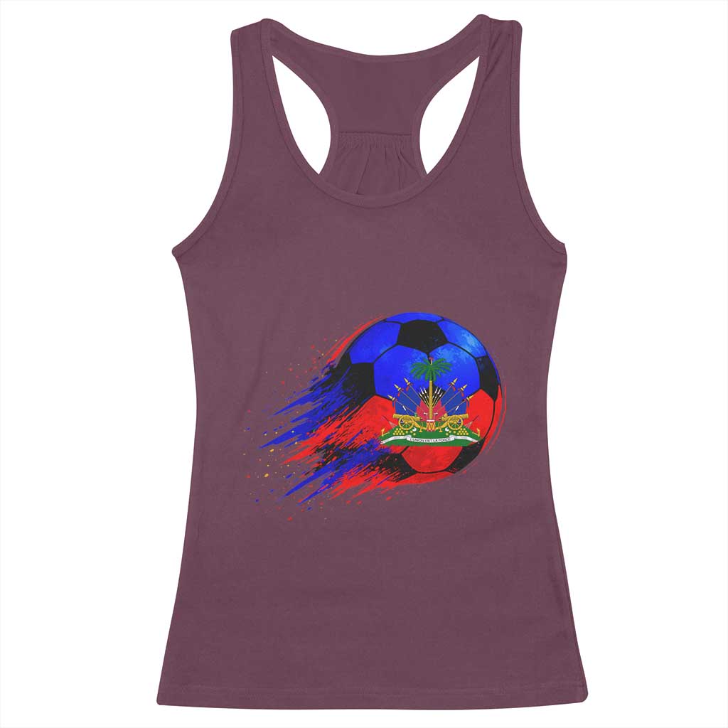 Haitian Flag Soccer Ball Splatter Graphic Racerback Tank Top Haiti Football Sports Fan