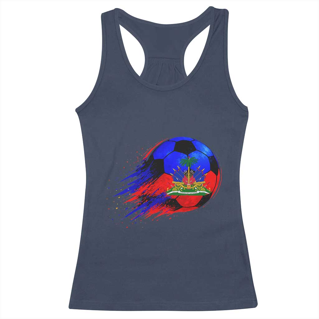 Haitian Flag Soccer Ball Splatter Graphic Racerback Tank Top Haiti Football Sports Fan