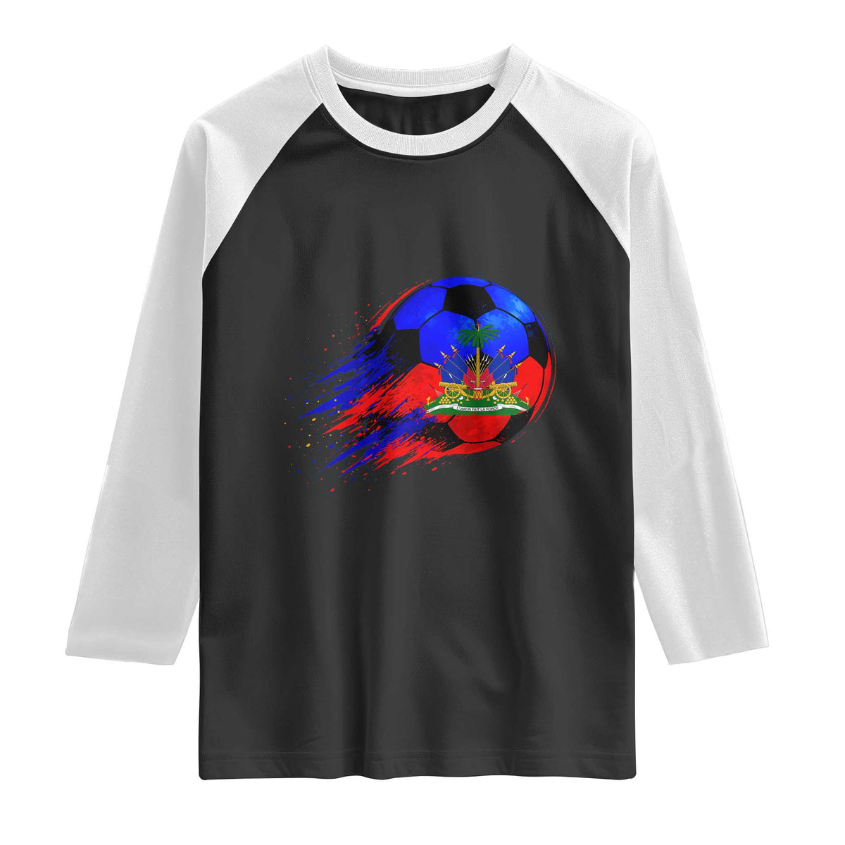 Haitian Flag Soccer Ball Splatter Graphic Raglan Shirt Haiti Football Sports Fan