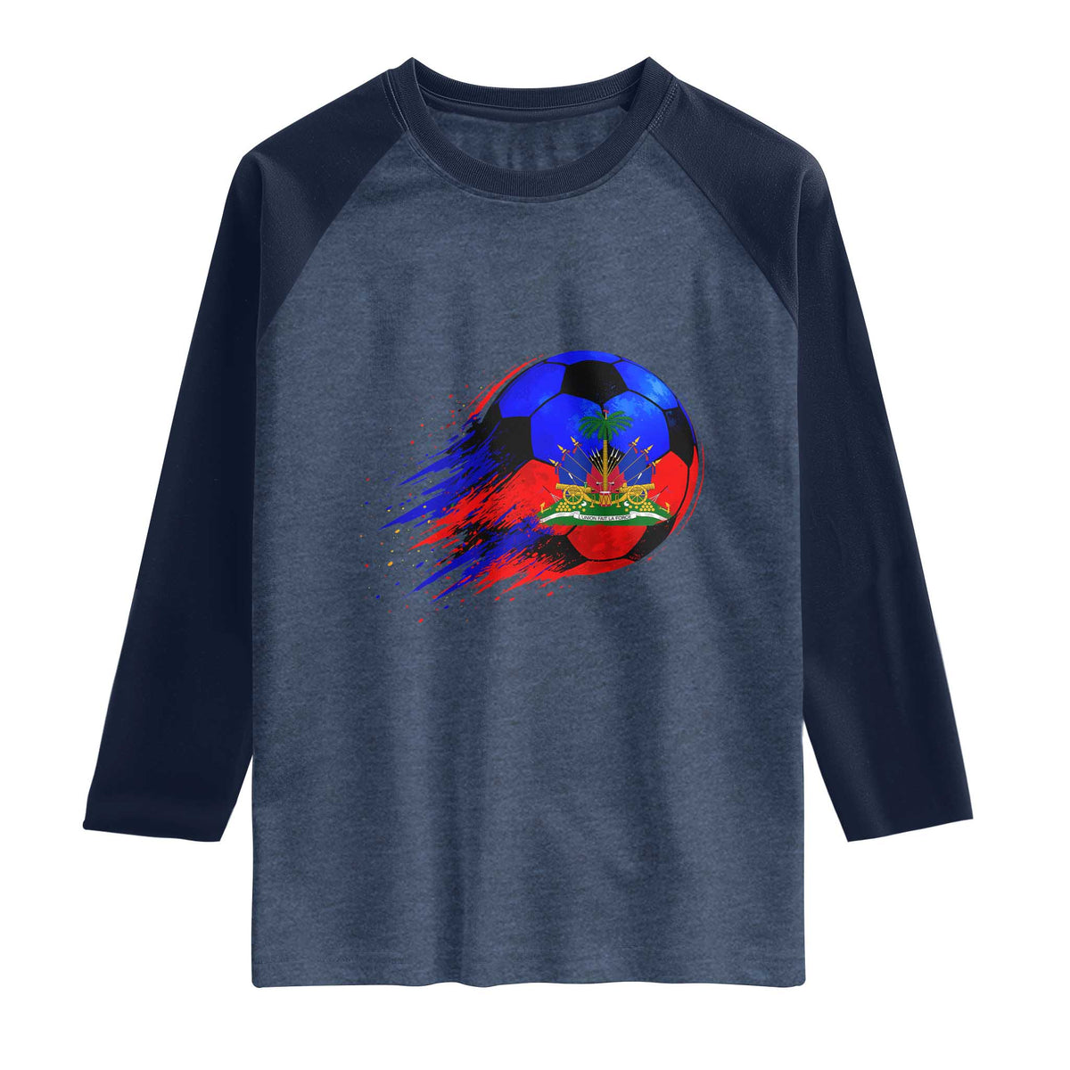 Haitian Flag Soccer Ball Splatter Graphic Raglan Shirt Haiti Football Sports Fan