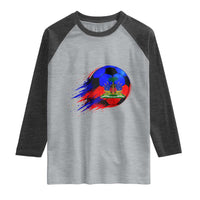 Haitian Flag Soccer Ball Splatter Graphic Raglan Shirt Haiti Football Sports Fan