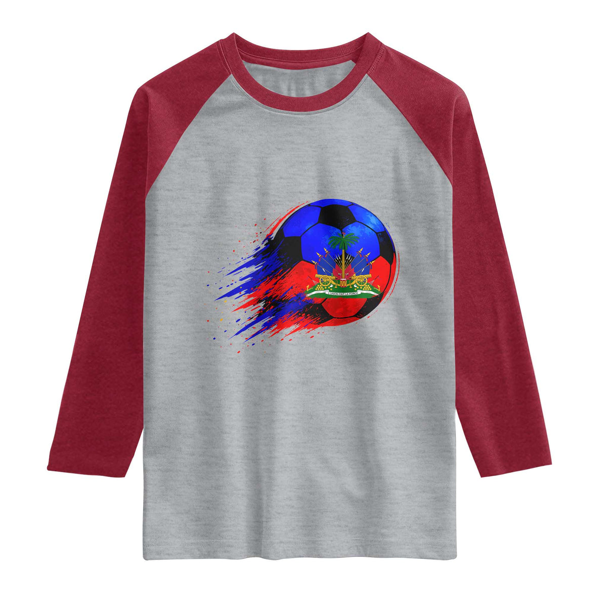 Haitian Flag Soccer Ball Splatter Graphic Raglan Shirt Haiti Football Sports Fan