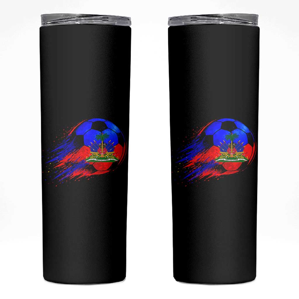 Haitian Flag Soccer Ball Splatter Graphic Skinny Tumbler Haiti Football Sports Fan